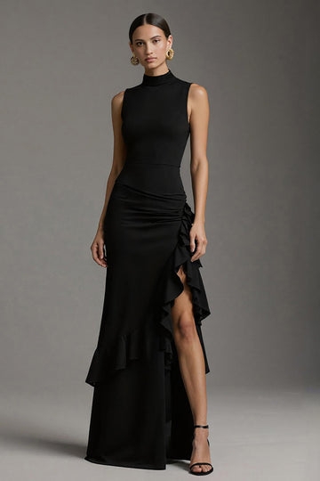Black Mermaid High Neck Ruffle Maxi Formal Dress with Slit